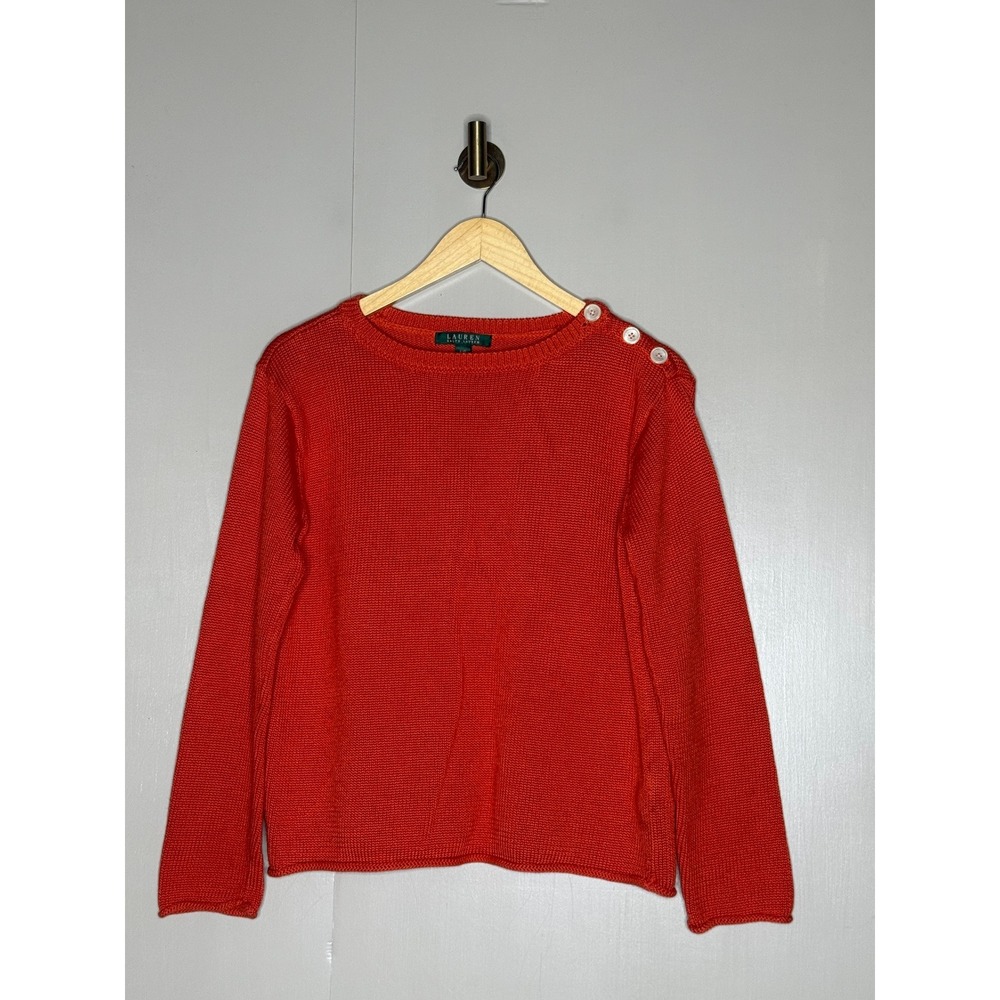 Lauren Ralph Lauren Orange Red Shoulder Button Knit Sweater Size L